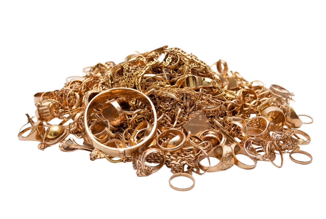 Pile of scrap gold jewellery including rings, chains and bracelets